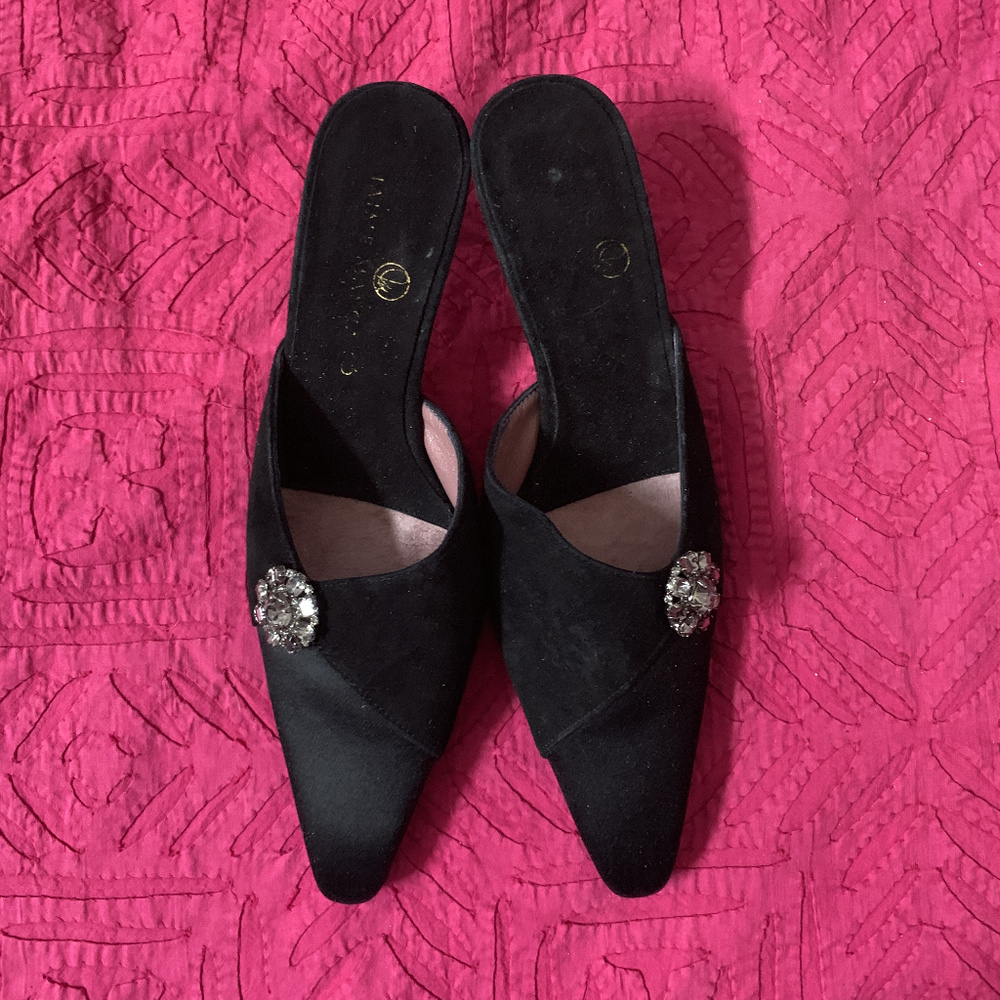 VINTAGE BLACK SUEDE & SATIN KITTEN HEEL MULES 38